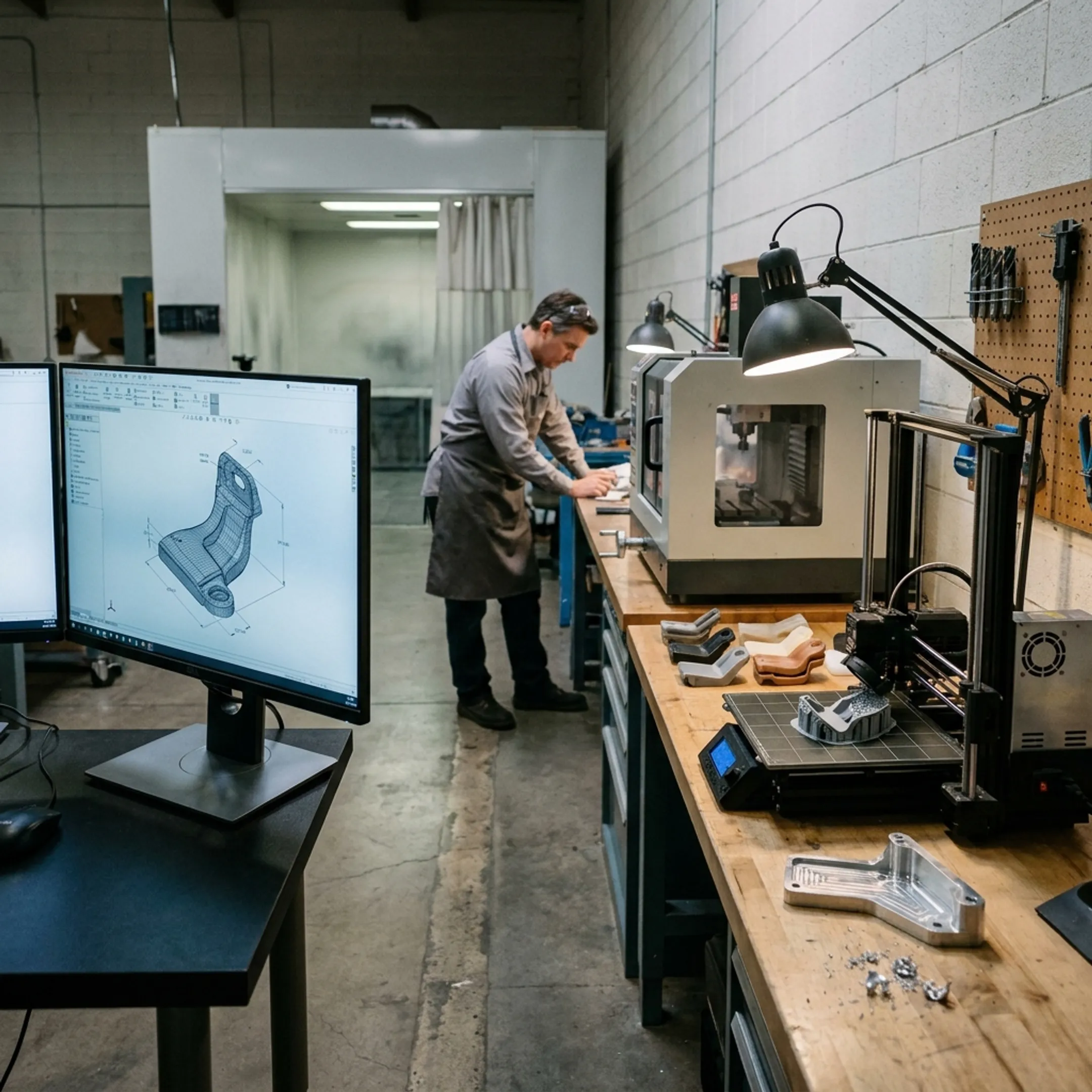 Automotive prototype components beside CAD models and manufacturing tools