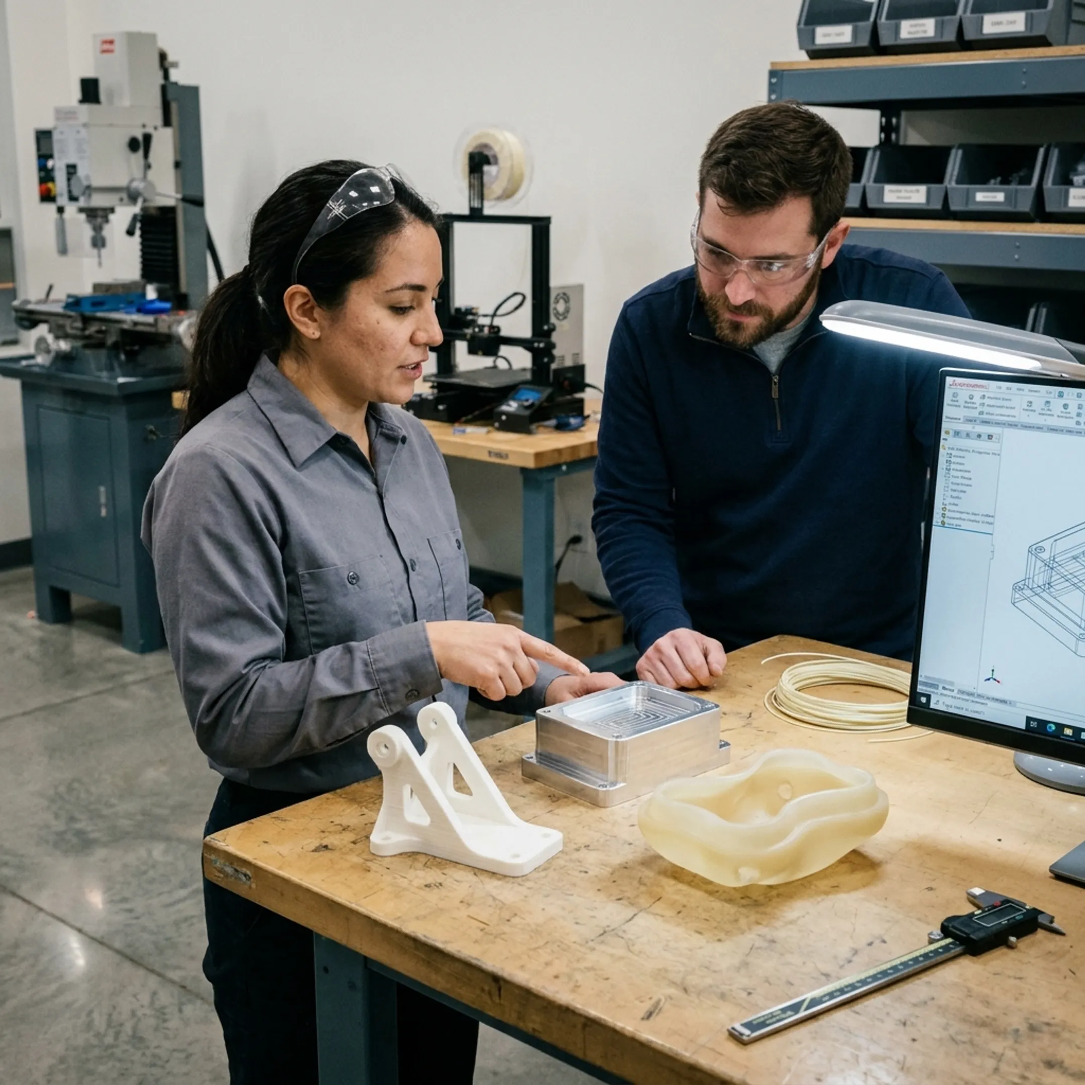 Rapid prototype components and engineers reviewing a product design in a manufacturing facility