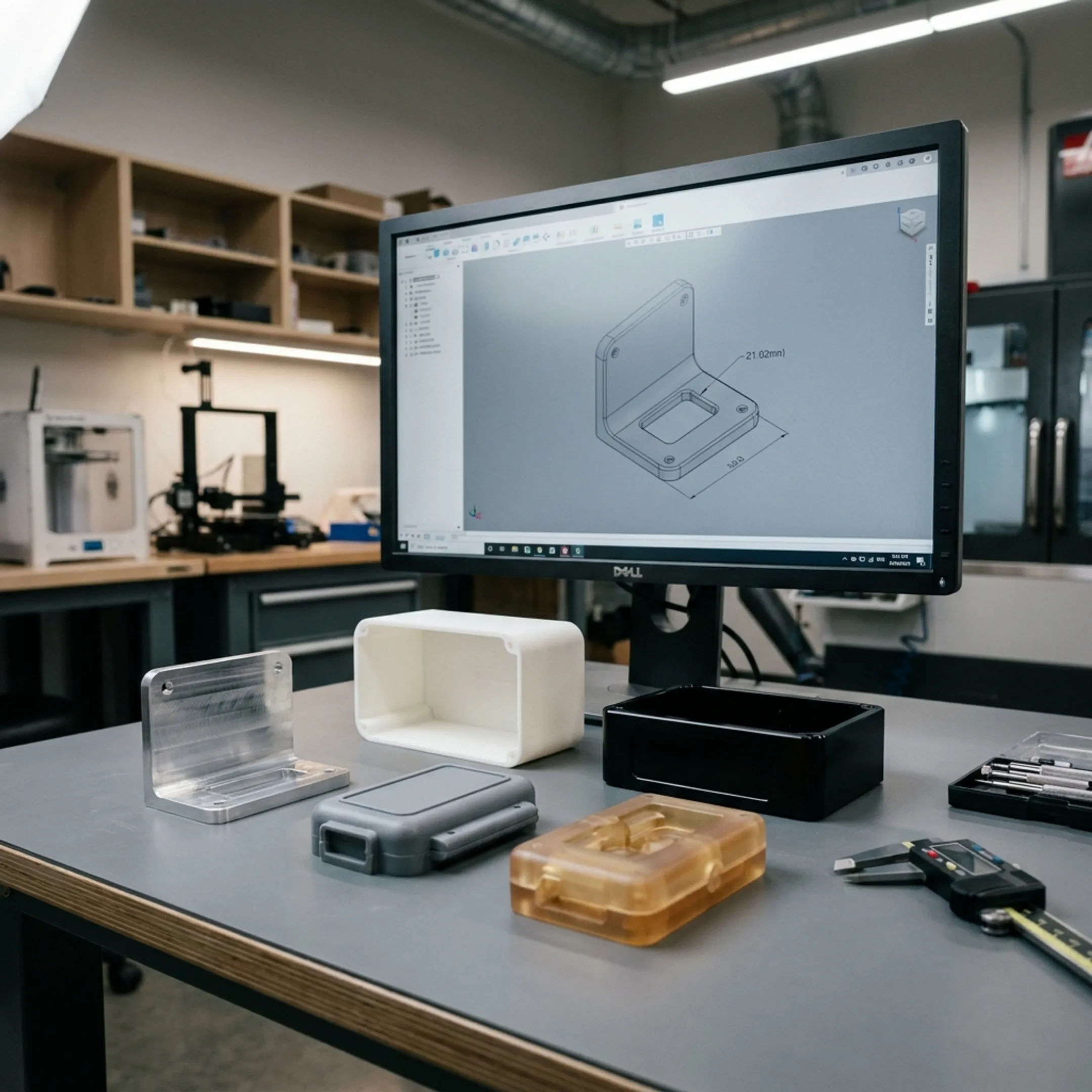 Finished prototype components displayed beside digital product designs