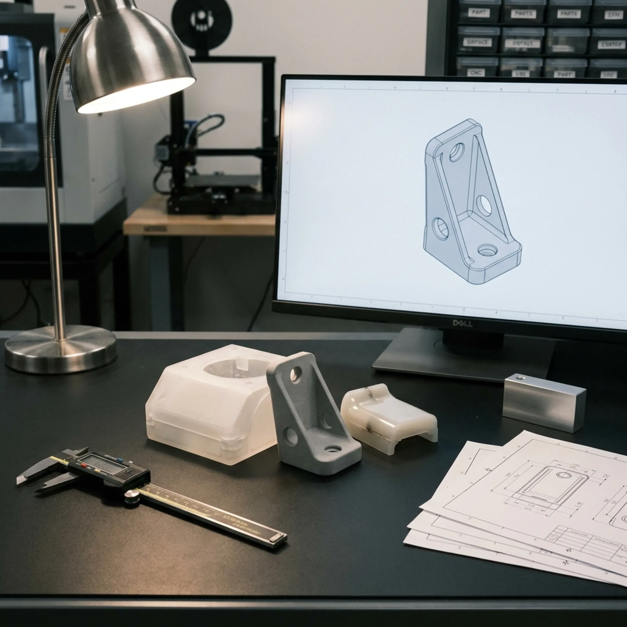 Plastic prototype components arranged beside digital product designs