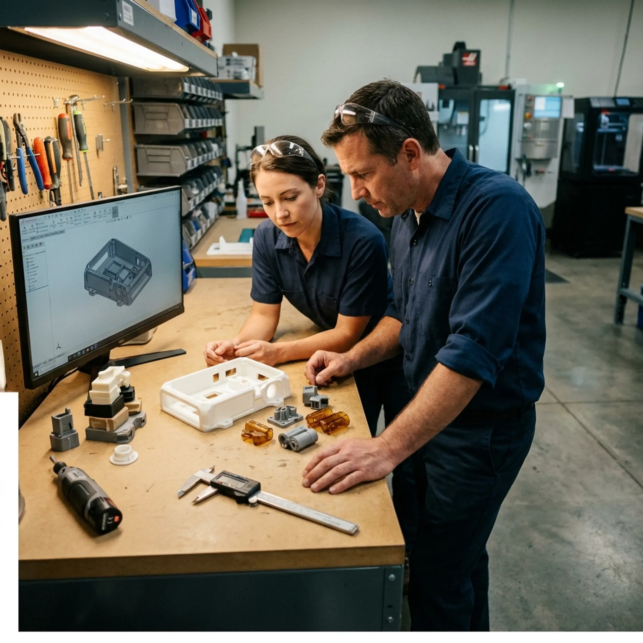 Engineers reviewing a detailed plastic prototype beside CAD models and 3D printed parts