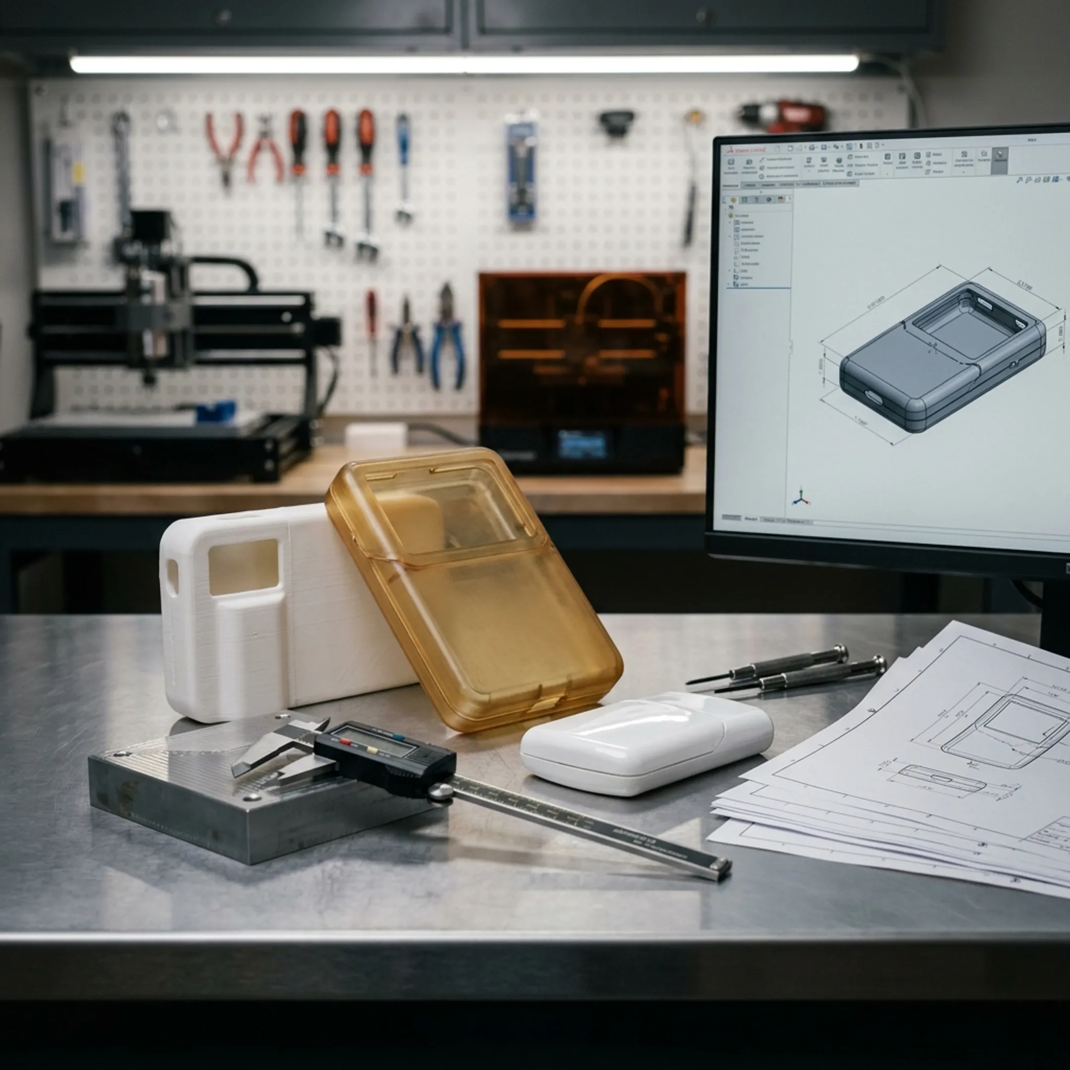 Custom prototype components arranged beside CAD design files