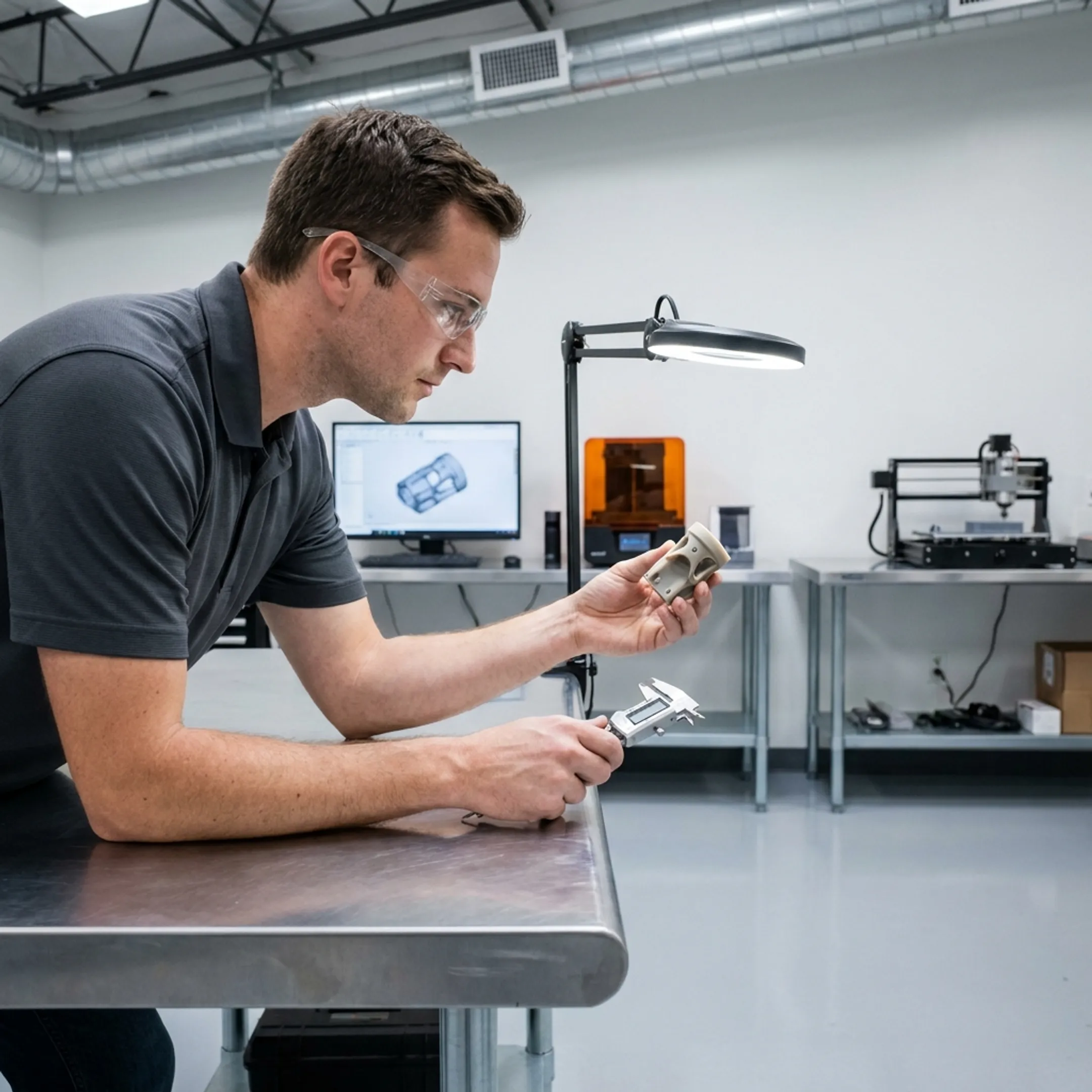 Engineer reviewing a custom prototype part beside digital CAD models