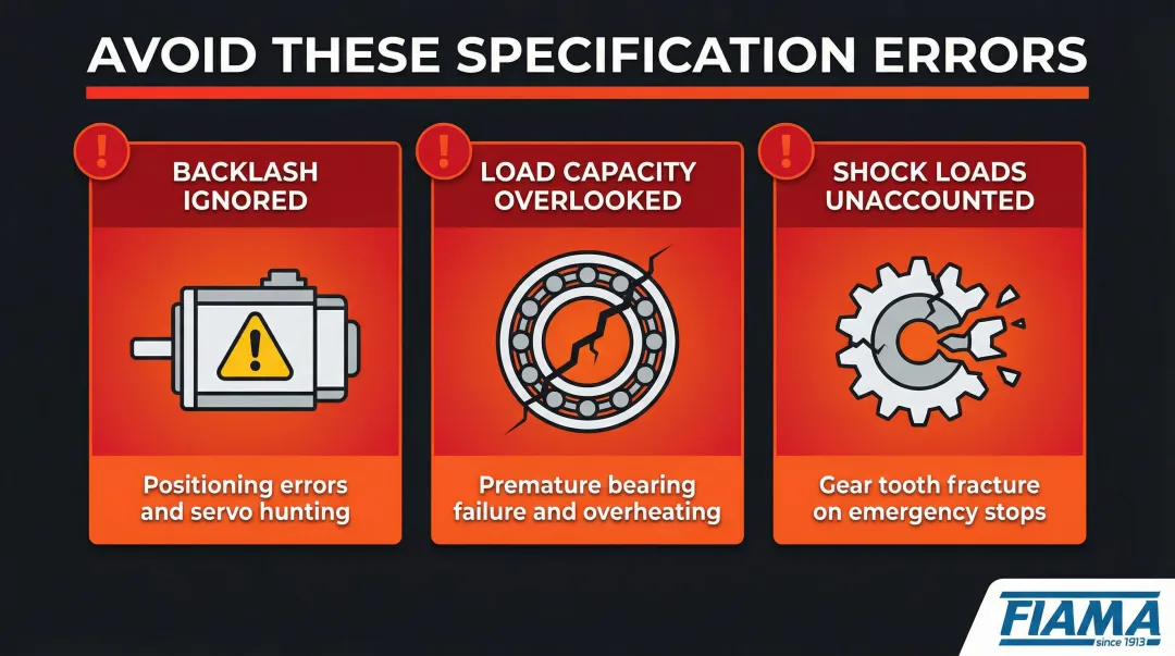 Three common planetary gear reducer misapplication failure modes and consequences warning infographic