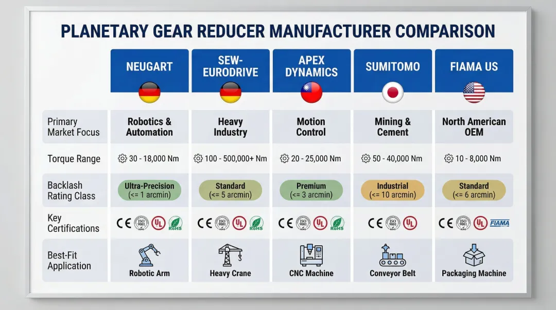 Five planetary gear reducer manufacturers side-by-side comparison chart with key specifications