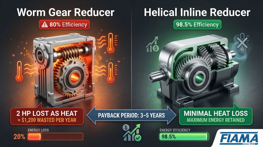 Gear reducer efficiency comparison showing annual energy cost impact by reducer type