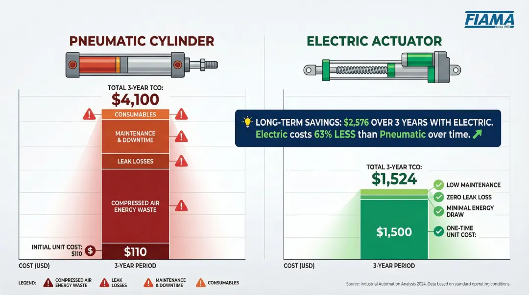 Pneumatic versus electric actuator three-year total cost of ownership cost comparison chart