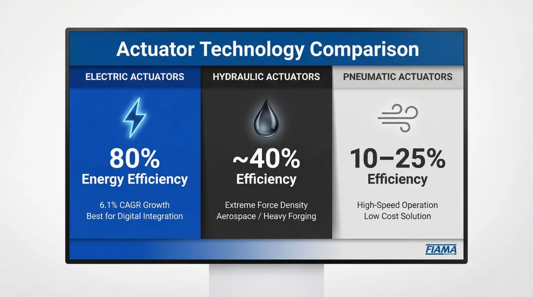 Three industrial actuator types comparison electric hydraulic pneumatic efficiency infographic