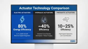 Three industrial actuator types comparison electric hydraulic pneumatic efficiency infographic