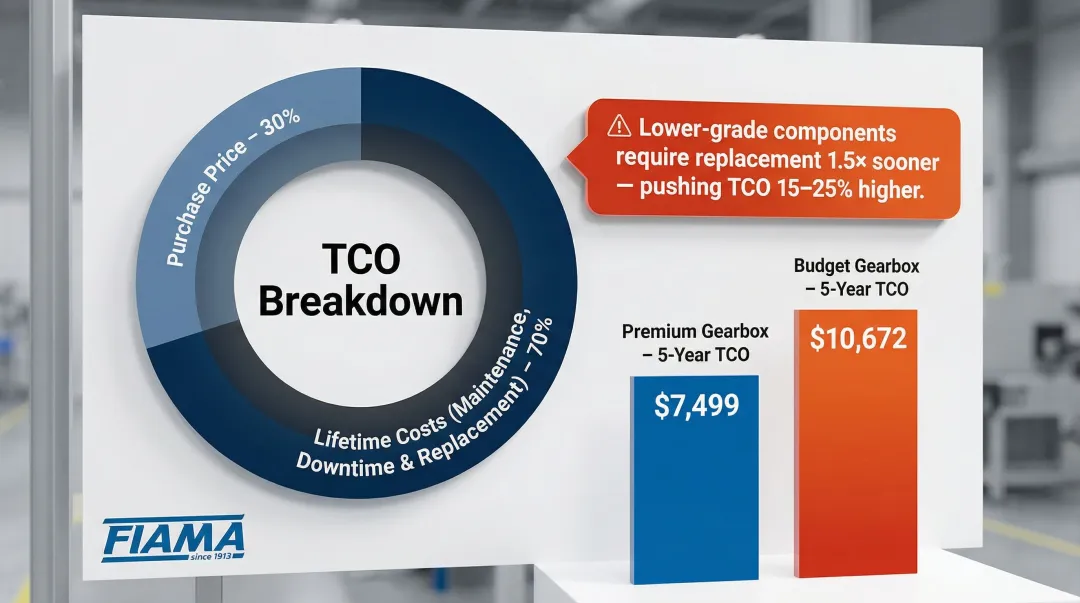 Gearbox total cost of ownership breakdown showing purchase price versus lifetime maintenance costs