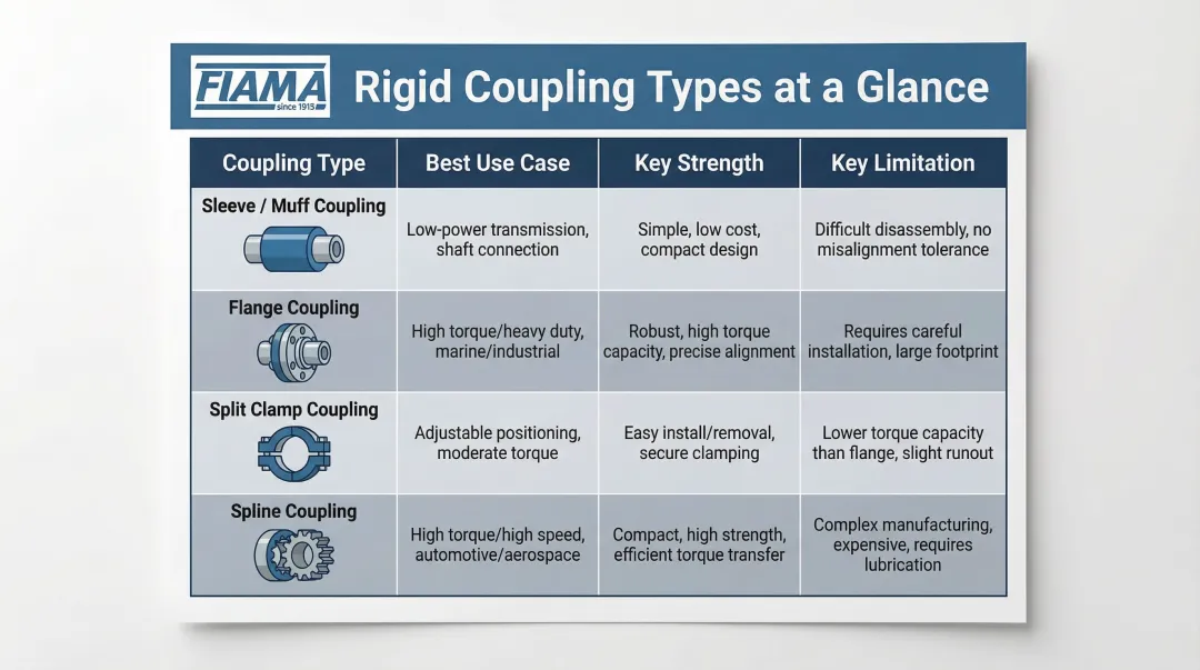 Four rigid shaft coupling types comparison chart with use cases and limitations