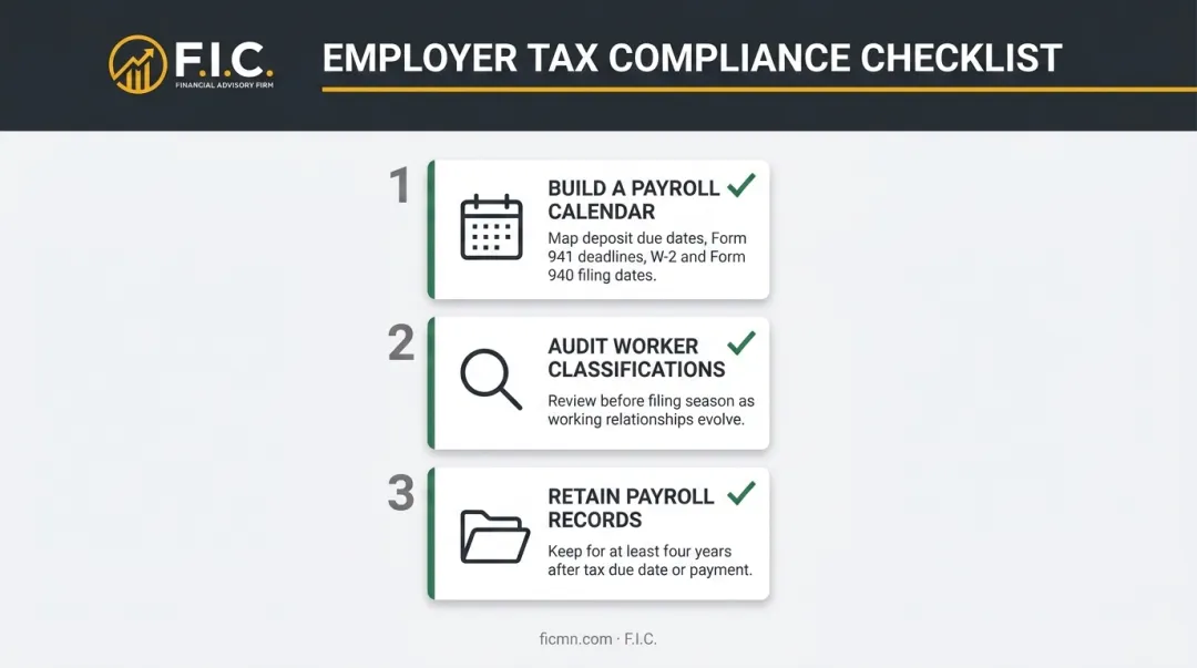Three-step employer payroll tax compliance checklist covering calendar audits and record retention