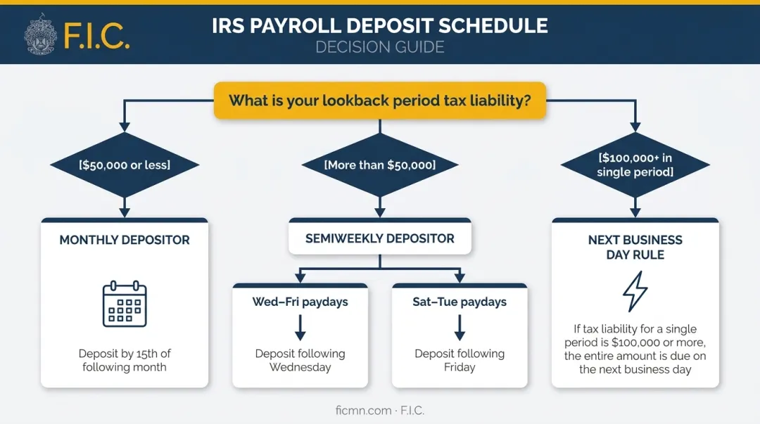IRS payroll deposit schedule decision flow based on lookback period liability thresholds