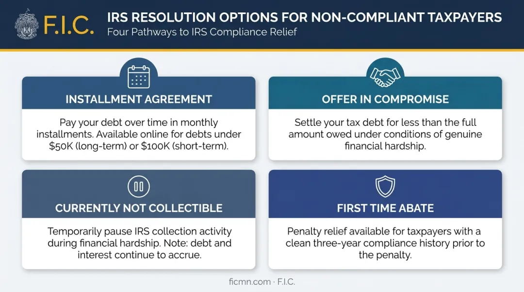 Four IRS non-compliance resolution options comparison including installment agreement and offer in compromise