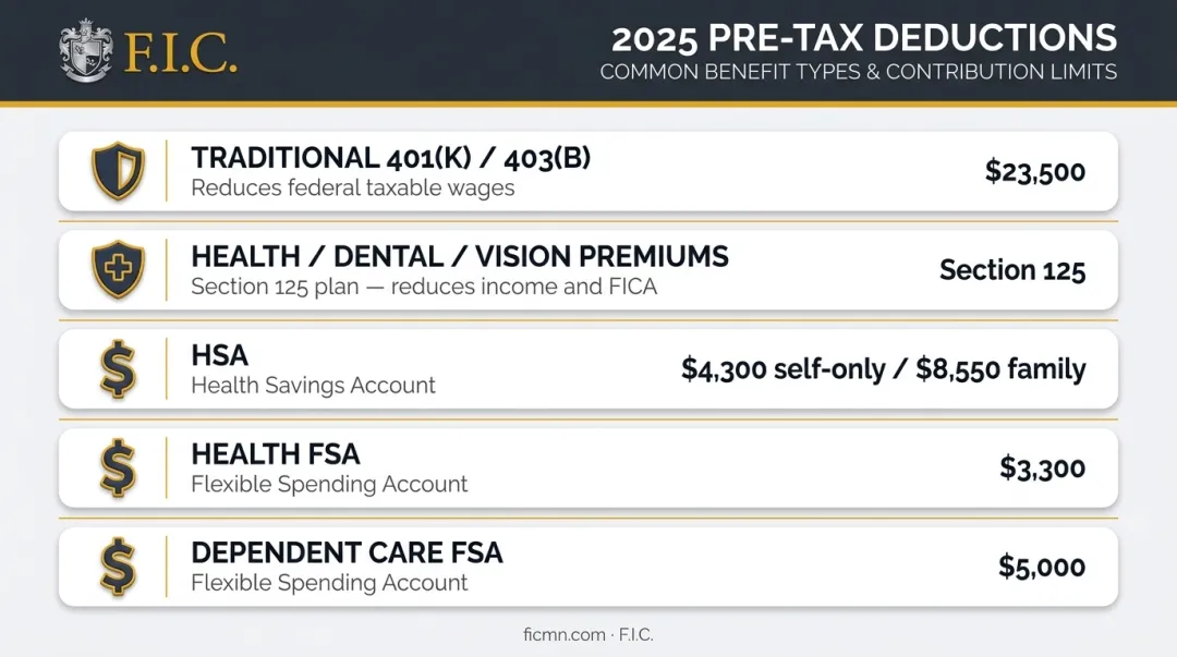 2025 pre-tax payroll deduction types contribution limits and tax benefits comparison