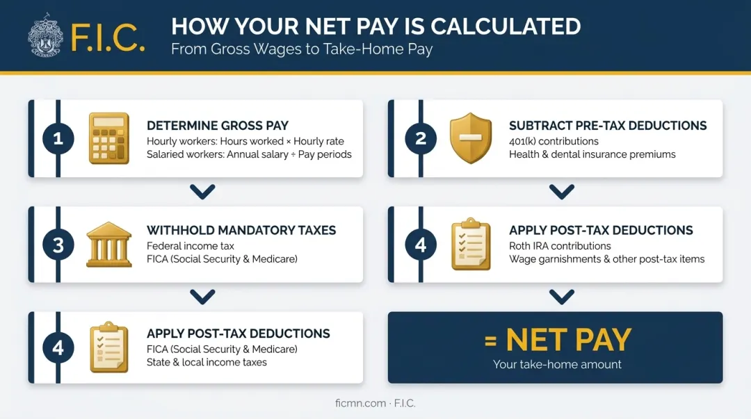 4-step payroll deduction calculation process from gross pay to net pay