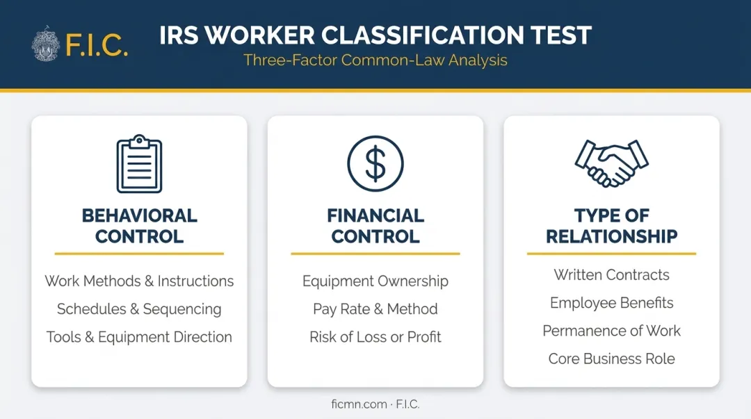 IRS three-factor worker classification test behavioral financial relationship breakdown