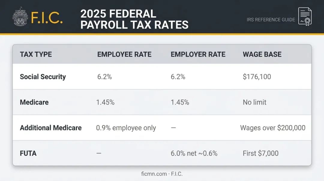 2025 federal payroll tax rates breakdown showing employee employer and wage base