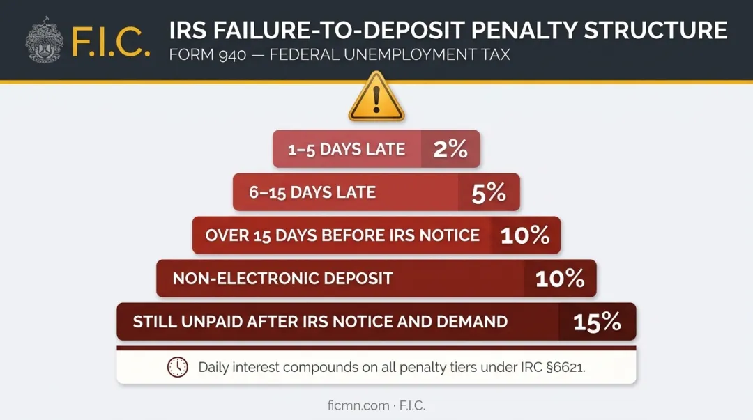 IRS Form 940 late deposit penalty schedule escalating tiers breakdown infographic
