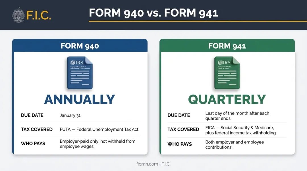 Form 940 versus Form 941 side-by-side comparison infographic for employers