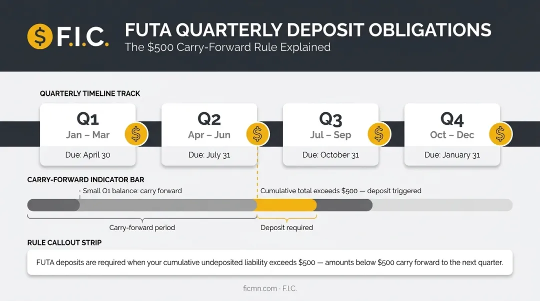 FUTA quarterly deposit schedule and 500 dollar carry-forward rule timeline