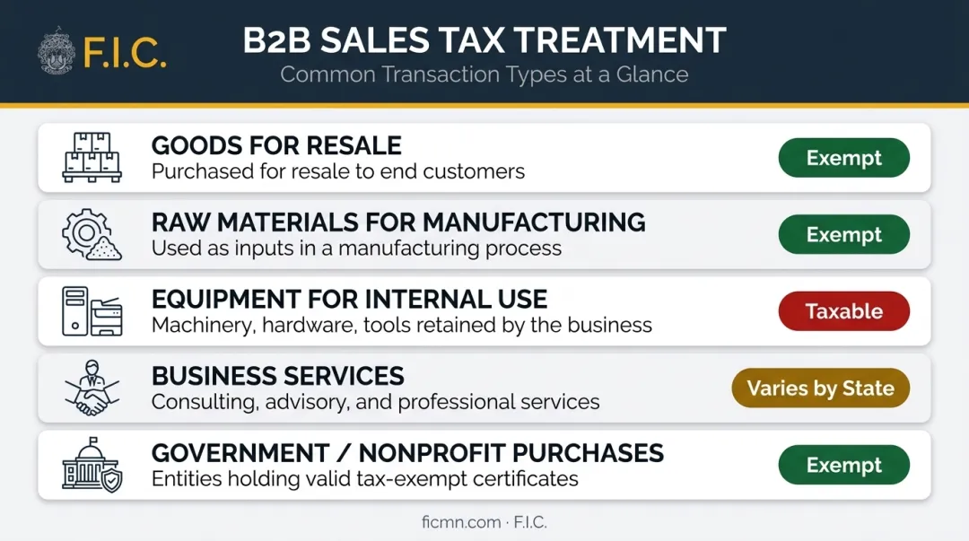 B2B transaction types and sales tax treatment comparison table infographic