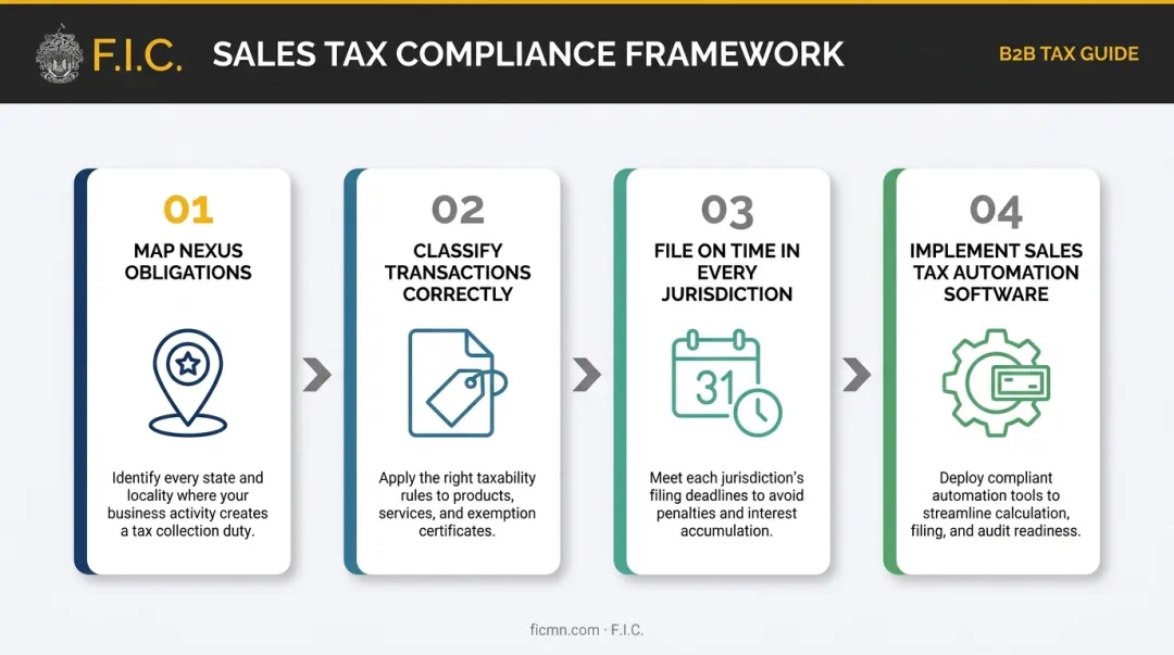 Four-step B2B sales tax compliance process from nexus mapping to automation
