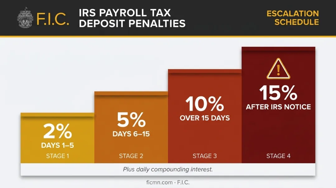 IRS failure-to-deposit penalty escalation four-tier timeline infographic