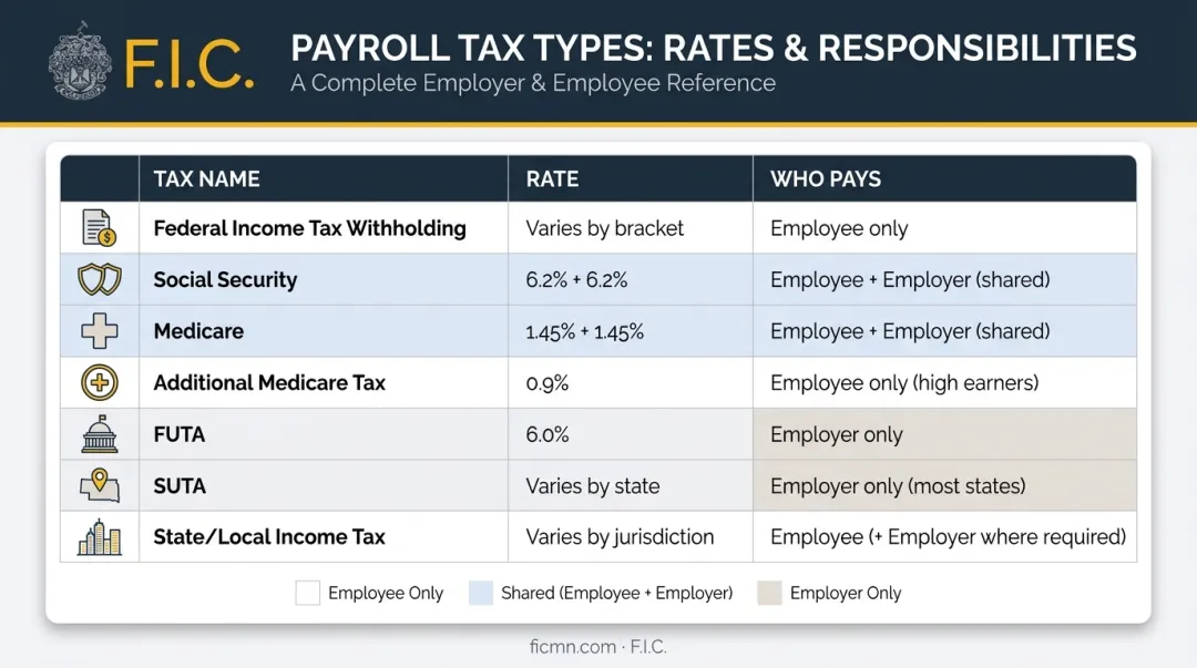 Payroll tax liabilities breakdown showing rates who pays each tax