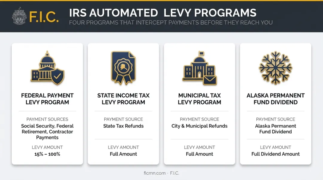Four IRS automated levy programs comparison chart with payment sources and levy amounts
