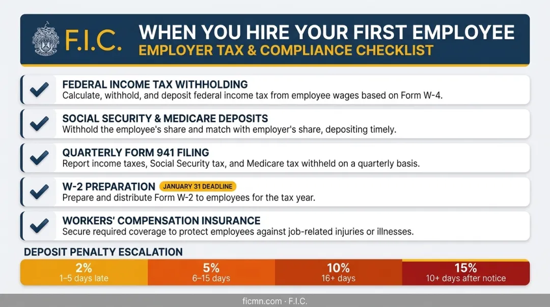 First employee payroll obligations checklist with penalty escalation breakdown infographic