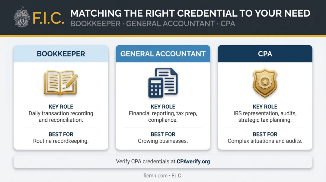 Three-tier accounting professional comparison bookkeeper accountant CPA roles and credentials