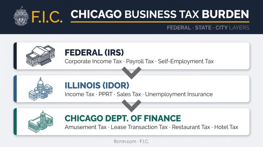 Three-layer Chicago business tax system federal state and city breakdown