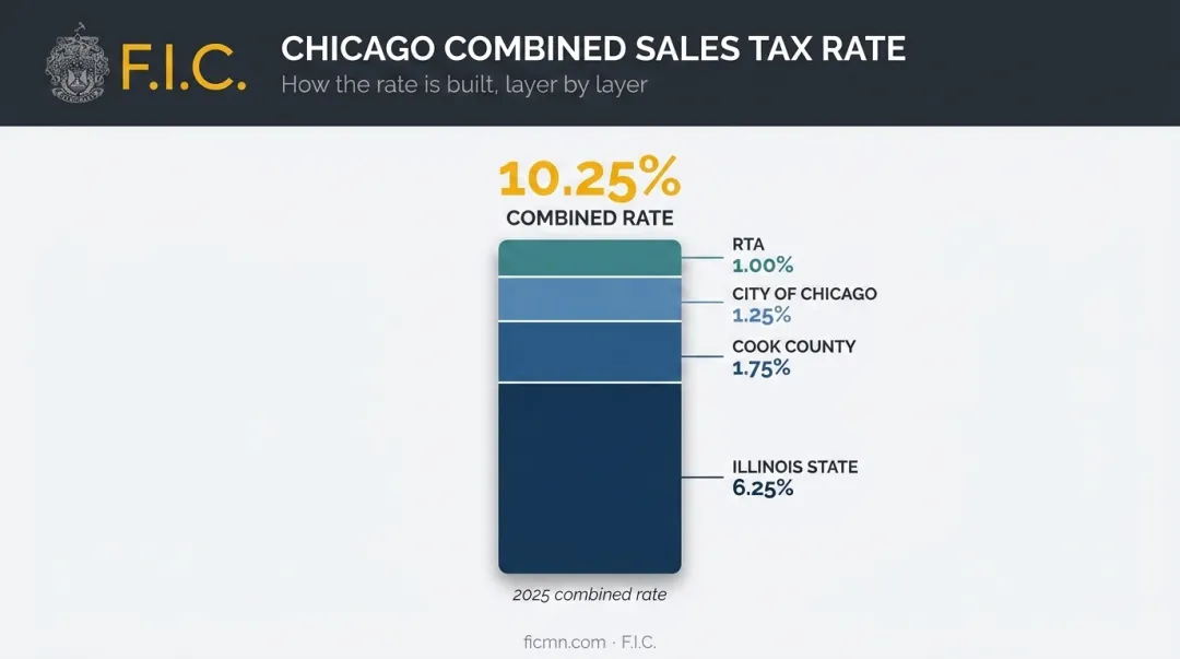 Chicago combined 10.25 percent sales tax four-component stacked breakdown chart