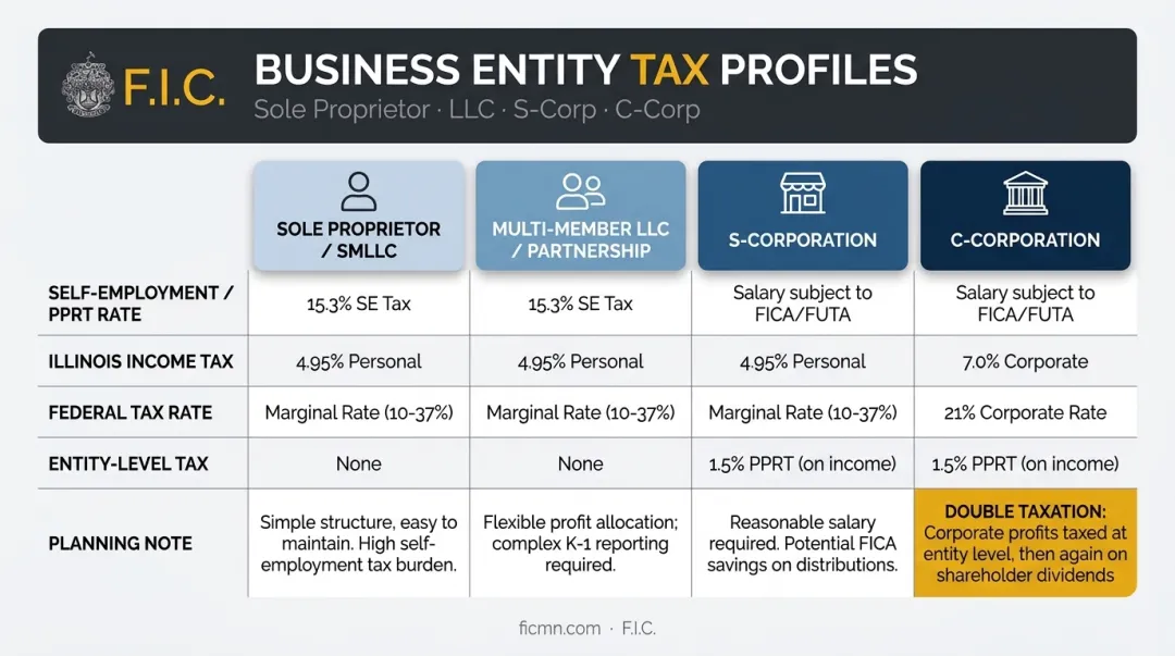 Four Chicago business entity structures tax rate comparison sole proprietor LLC S-Corp C-Corp