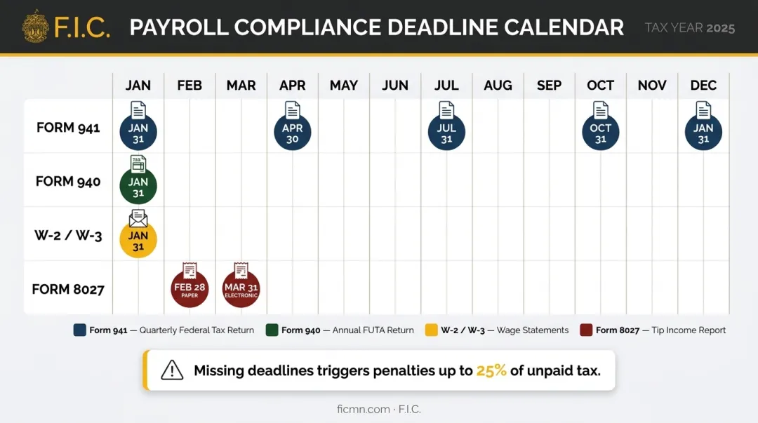 restaurant payroll tax filing deadlines forms 941 940 W-2 and 8027 calendar