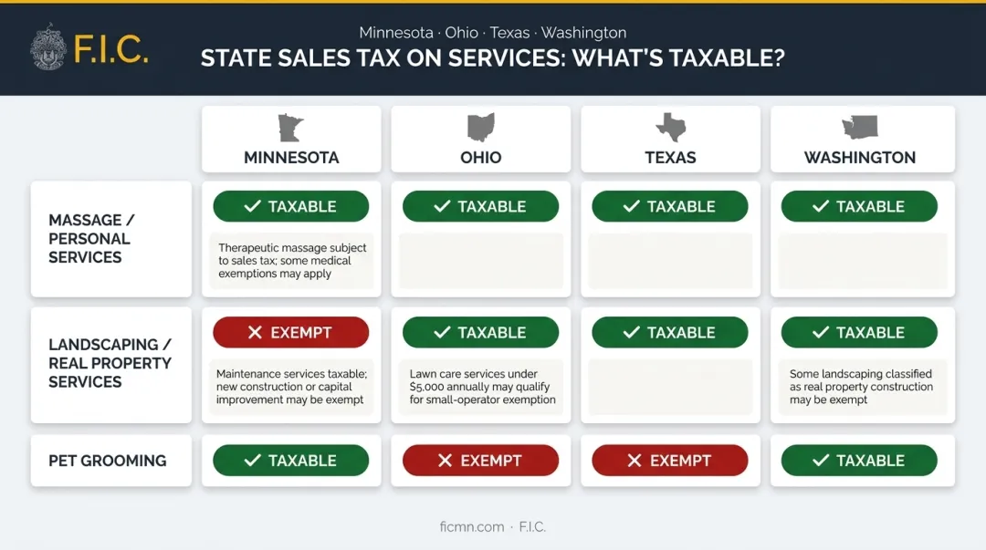State-by-state personal and real property service taxability comparison chart Minnesota Ohio Texas Washington