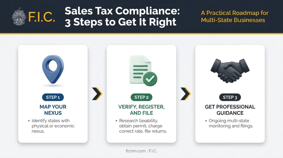 Three-step sales tax compliance process for service businesses nexus registration filing