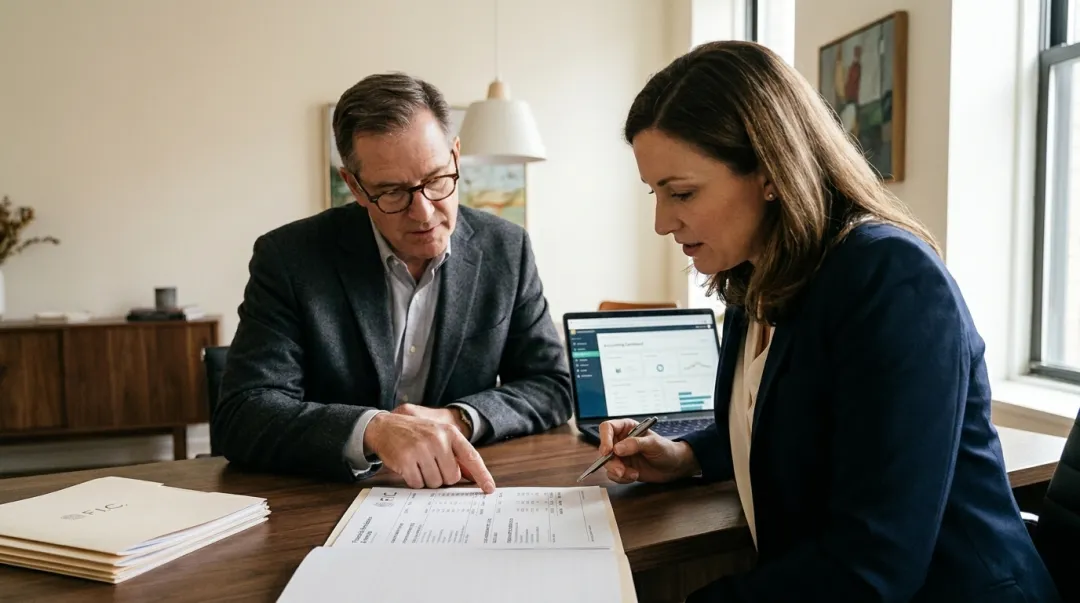 Business owner reviewing bundled service contract invoice with tax advisor at desk