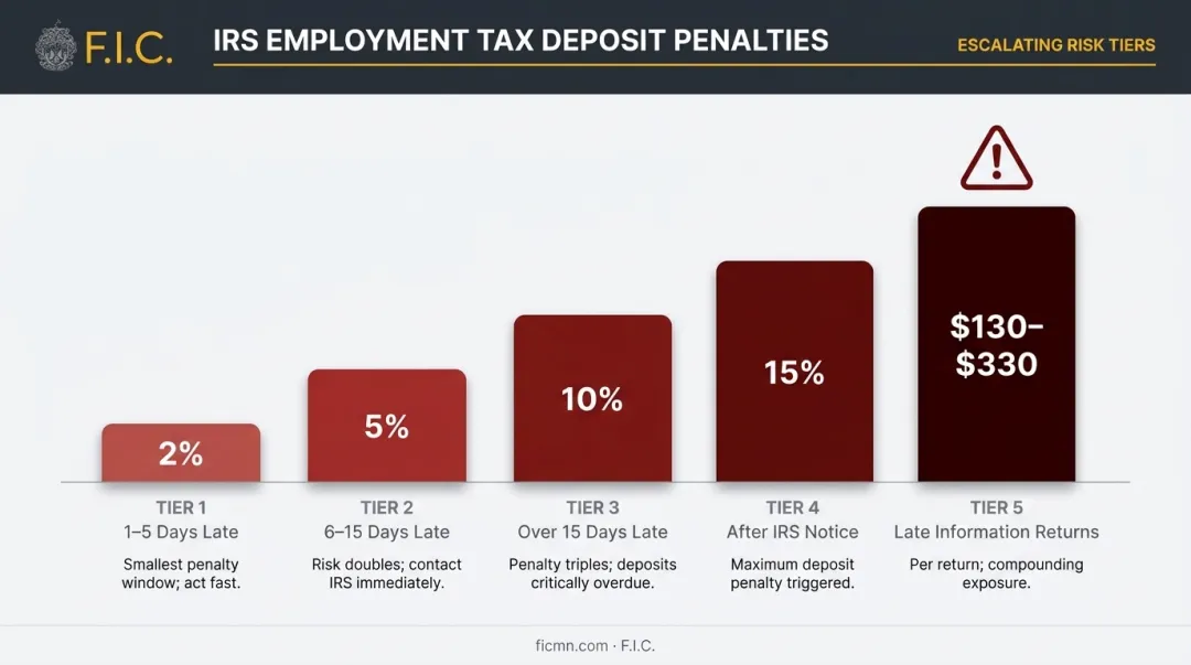 IRS payroll tax penalty tiers escalating from two percent to fifteen percent