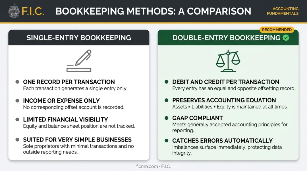 Single-entry versus double-entry bookkeeping method side-by-side comparison infographic