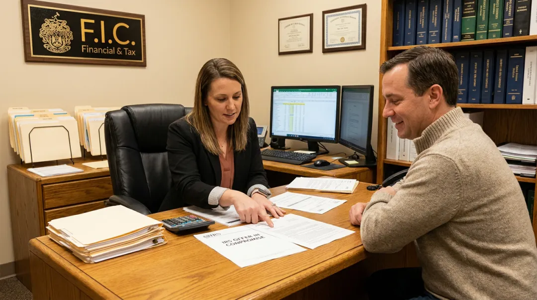F.I.C. tax professional consulting client on IRS debt resolution options