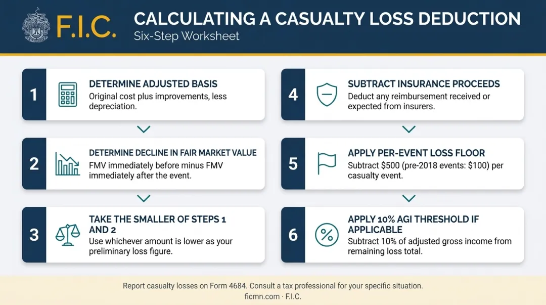 Six-step IRS casualty loss deduction calculation process flow infographic