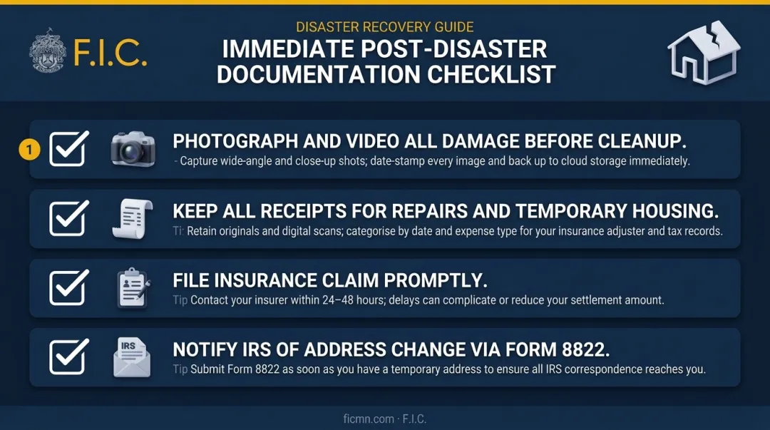 Post-disaster tax documentation checklist four-step action plan infographic