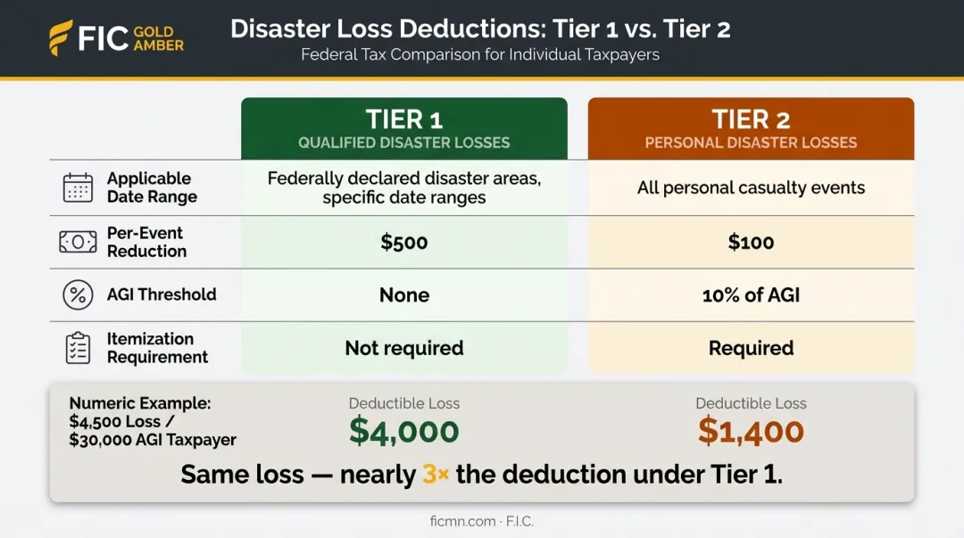 Tier 1 qualified disaster loss versus Tier 2 personal disaster loss comparison table infographic