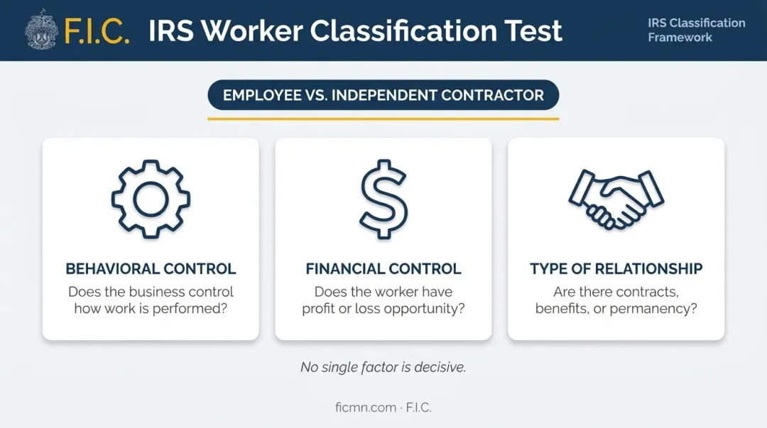 IRS three-factor worker classification test for employee versus contractor determination
