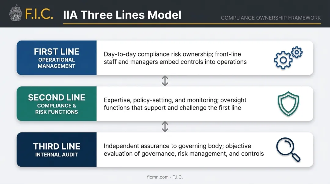 IIA Three Lines Model compliance ownership structure showing operational management audit roles