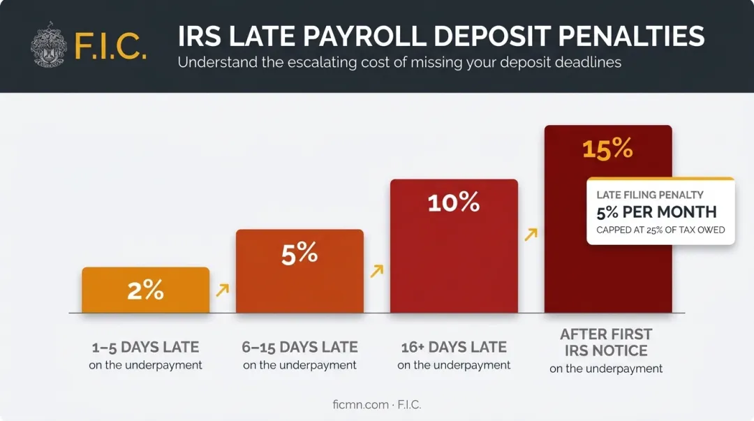 IRS payroll deposit penalty rate escalation timeline from 2 to 15 percent