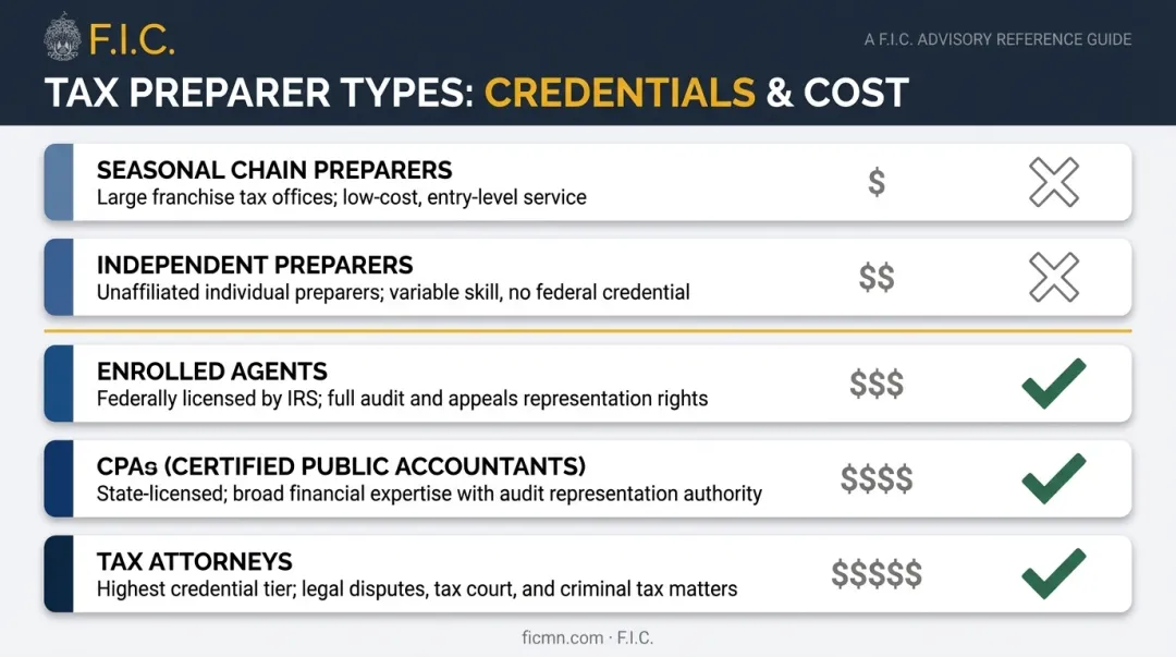 Five tax preparer types ranked by credential level cost and IRS representation rights