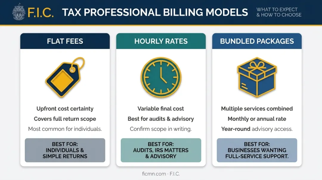 Three tax preparer billing models flat fee hourly and bundled pricing compared